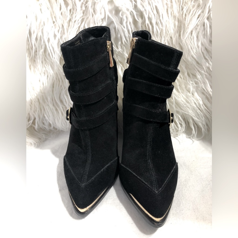 Vince Camuto Black Suede Wedge Bootie Gold Buckle